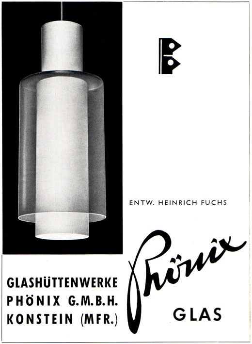 Phönix Anzeige mit Pendel-Leuchte von Heinrich Fuchs
Erscheinungstermin 1960. 