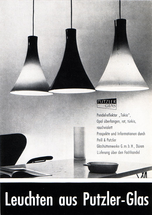 Putzler Anzeige mit Pendelreflektor Leuchte TOKIO von Wilhelm Braun-Feldweg.
Erscheinungstermin 1960.