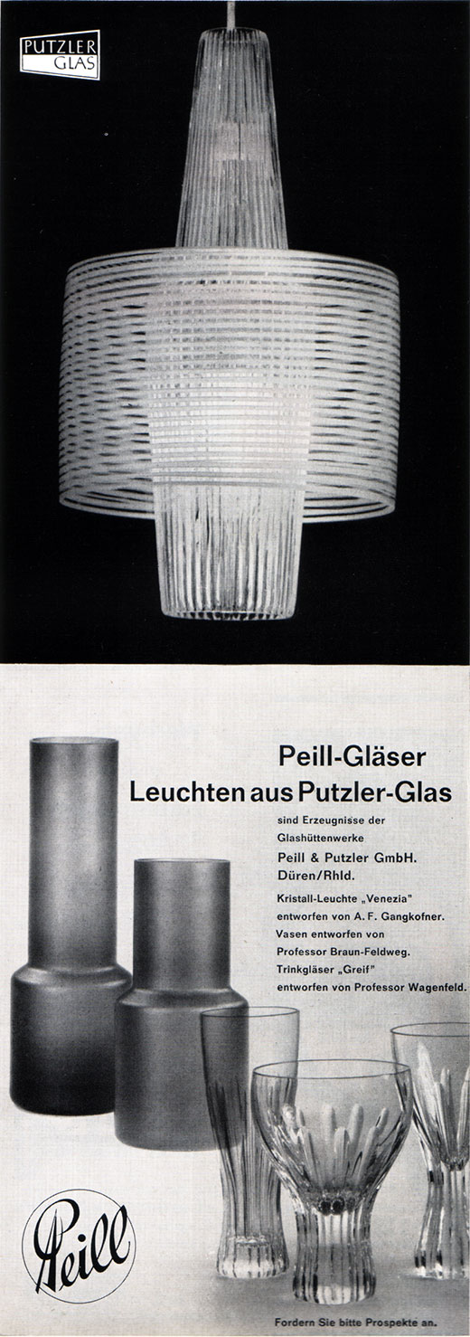 Peill & Putzler Anzeige mit Pendelleuchte VENEZIA von Aloys F. Gangkofner.
Erscheinungstermin 1960.