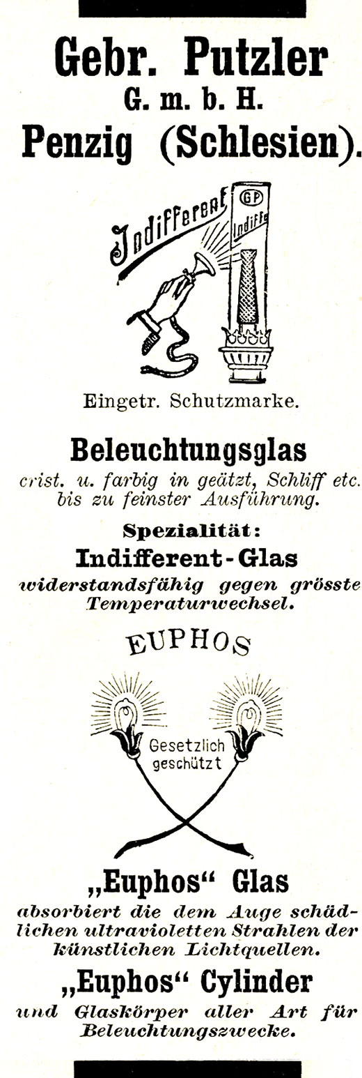Gebr. Putzler Anzeige für Beleuchtungsglas, Indifferent Glas, Euphos Glas.
Erscheinungstermin 1912. 