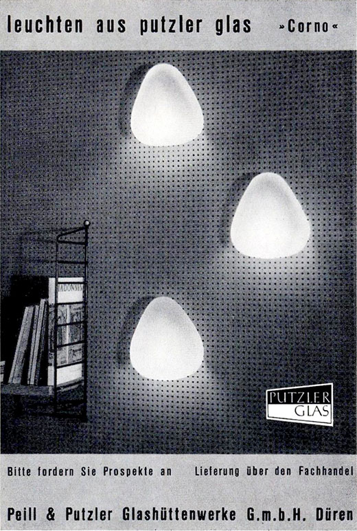 Peill & Putzler Anzeige mit Leuchte CORNO von Wilhelm Wagenfeld.
Erscheinungstermin 1959. 