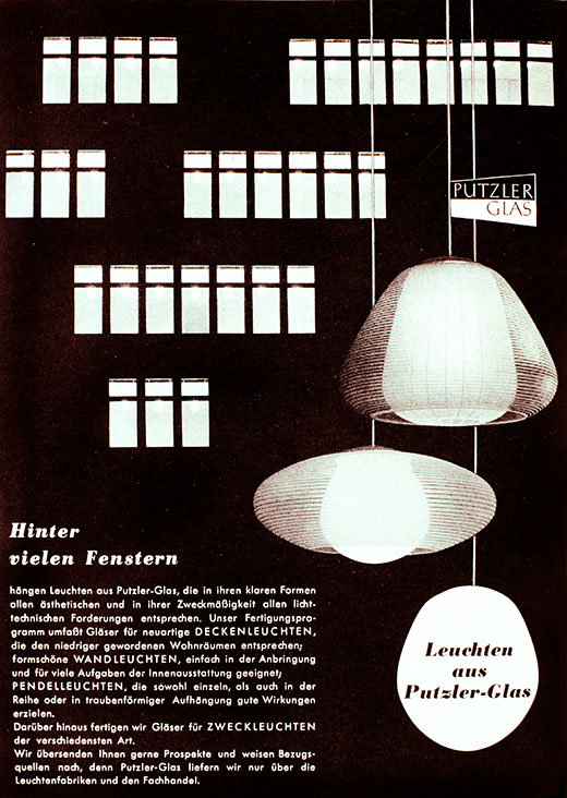 Peill & Putzler Anzeige mit Leuchten DÜREN und JUNO von Wilhelm Wagenfeld.
Erscheinungstermin 1956. 