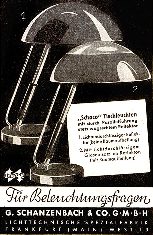 Schanzenbach Anzeige mit „Schaco Tischleuchten“
Erscheinungstermin 1938.