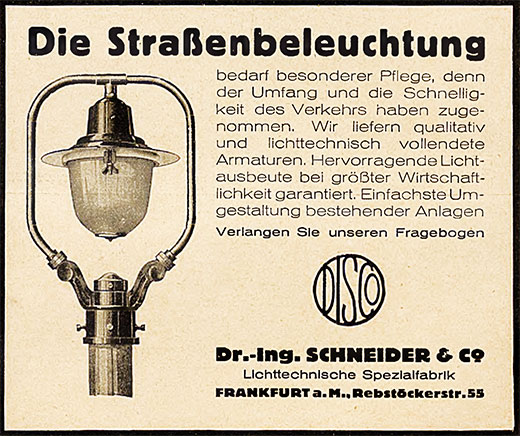 Dr. Ing. Schneider, Die Straßenbeleuchtung..., Anzeige 1925