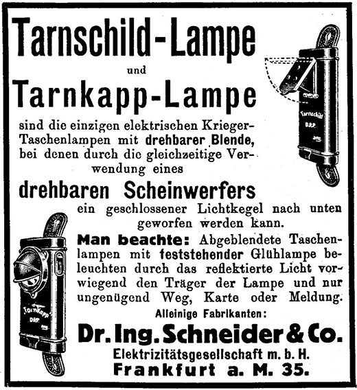 Dr. Ing. Schneider, Tarnschild-Lampe, Anzeige 1916