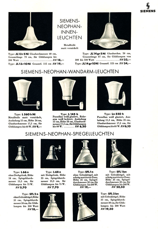 Siemens Faltblatt für Neophan Leuchten
Erscheinungstermin 1936.