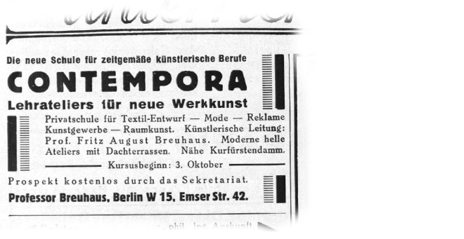Werbung Anzeige für Lehratelier Contempora in Berlin, Breuhaus de Groot