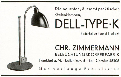Chr. Zimmermann Beleuchtungskörperfabrik. Anzeige für Leuchte „Dell-Type-K“
Erscheinungstermin: 1929.