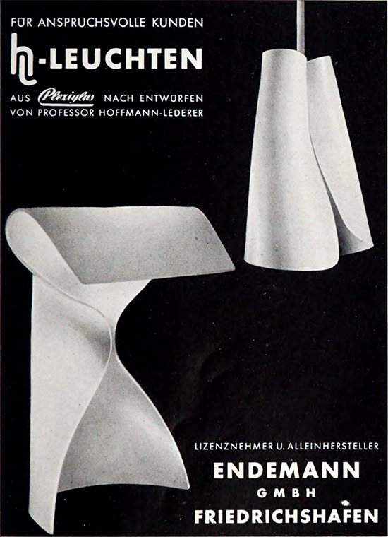 Endemann GmbH Anzeige für „HL“ Leuchten von Prof. Hanns Hoffmann-Lederer. 
Erscheinungstermin 1957.