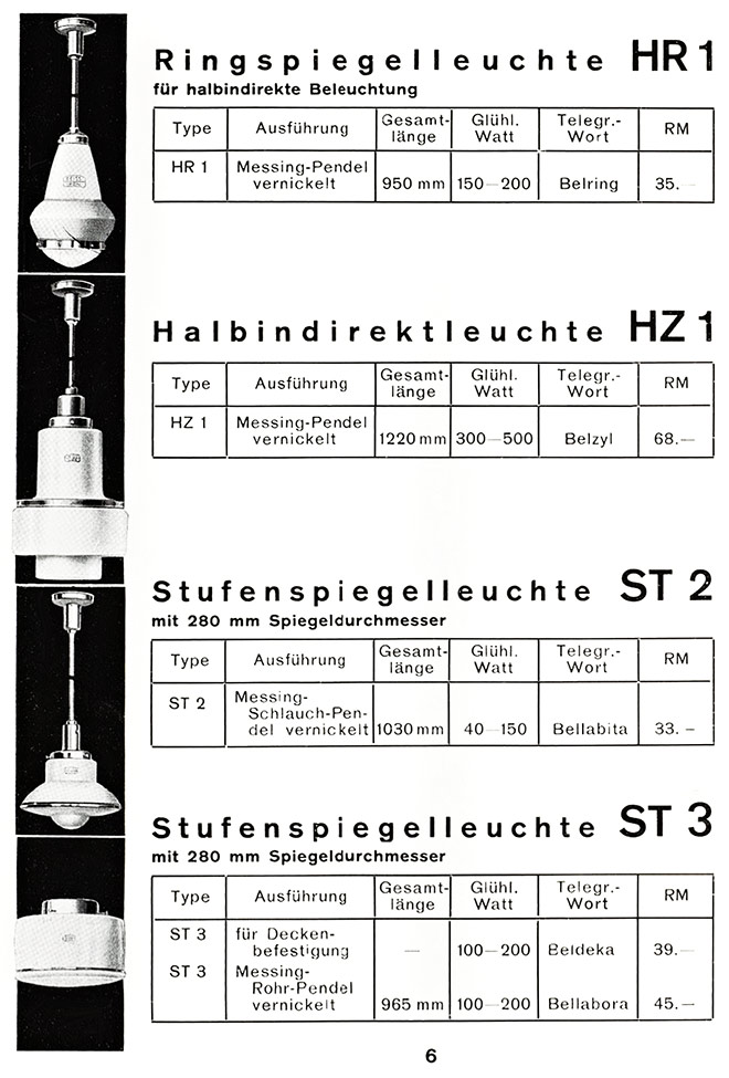 Zeiss Ikon Katalog BEL 4b, 1930. Seite 6 mit Leuchtenentwürfen von Adolf Meyer.