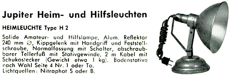 Jupiter Heimleuchte Type H 2, Katalogabbildung, 1950er Jahre.