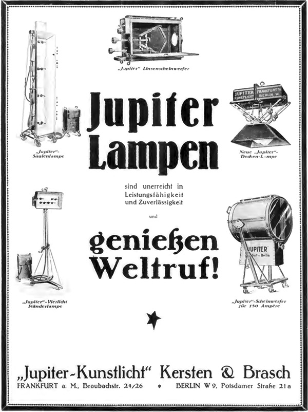 Jupiter-Kunstlicht, Kersten & Brasch, Anzeige, 1924.