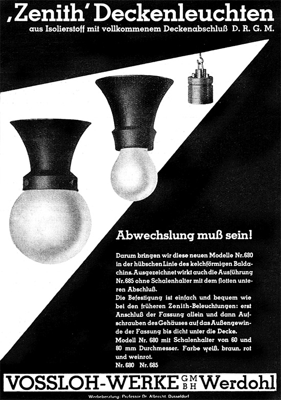 Vossloh Anzeige f&uuml;r Zenith Deckenleuchten aus Isolierstoff von 1934. 