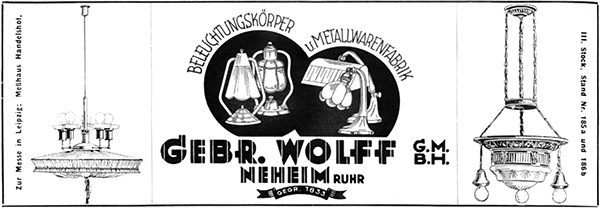 
Gebr. Wolff Anzeige f&uuml;r Beleuchtungsk&ouml;rper von 1929. 