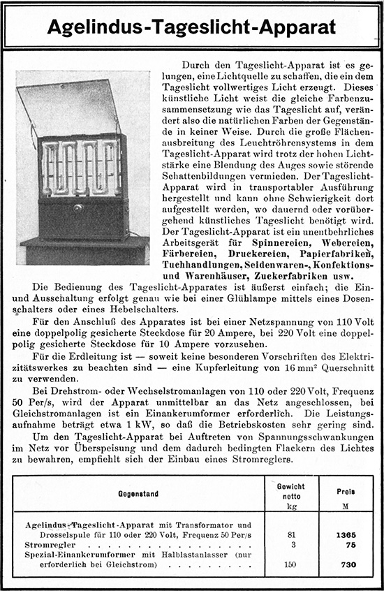 Agelindus-Tageslicht-Apparat von 1929. 