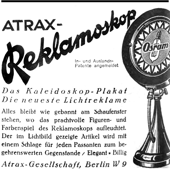 ATRAX Anzeige f&uuml;r das &bdquo;ATRAX Reklamoskop&ldquo;, 1923.