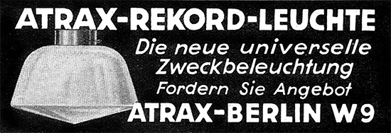 ATRAX Anzeige f&uuml;r ATRAX Rekord Pendelleuchte, 1935.