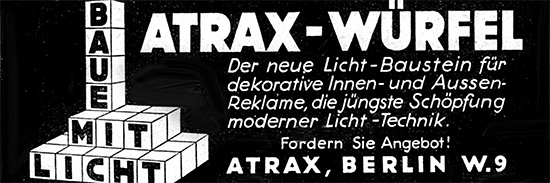 ATRAX Anzeige f&uuml;r ATRAX W&uuml;rfel, Lichtbaustein, 1930.