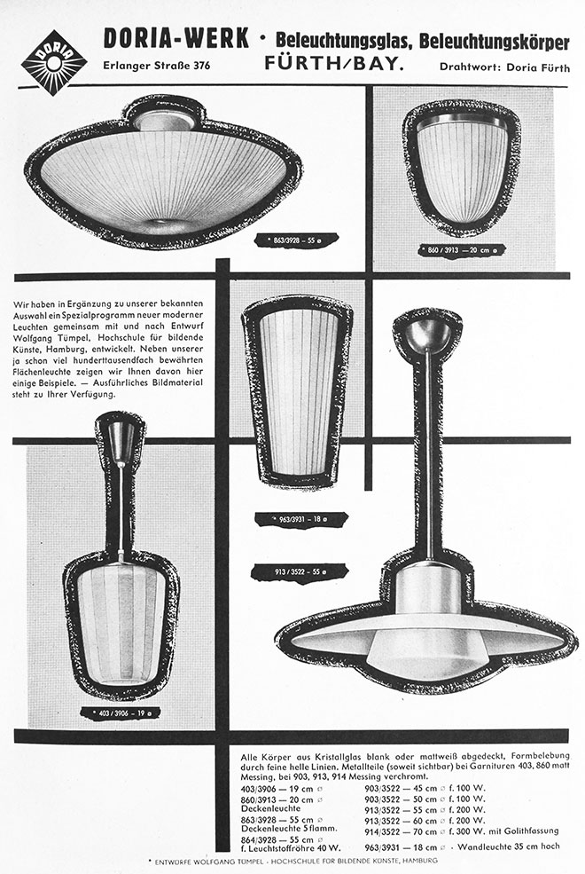 DORIA Anzeige mit Leuchten nach Entwürfen von Wolfgang Tümpel.
Erscheinungstermin 1953.