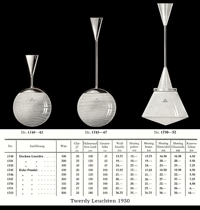 Dr. Twerdy Liste 16/1930 - Vorderseite für Pendelleuchten.
