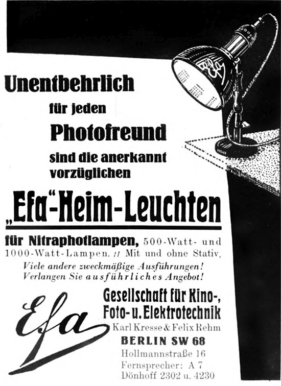 EFA Ges. K. Kresse & F. Rehm Anzeige f&uuml;r &bdquo;Efa-Heim-Leuchten&ldquo;, 1931.