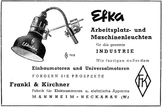 EFKA - Frankl & Kirchner Anzeige f&uuml;r Arbeitspaltz- und Maschinenleuchten, 1955. 