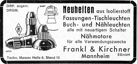 EFKA - Frankl & Kirchner Anzeige f&uuml;r &bdquo;Neuheiten aus Isolierstoff&ldquo;, 1935.
