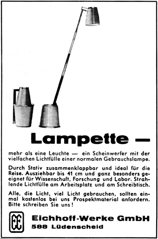 Eichhoff-Werke Anzeige f&uuml;r die Stativleuchte &bdquo;Lampette&ldquo; von 1964.