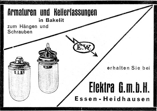 Elektra GmbH Anzeige für Armaturen und Kellerfassungen in Bakelit von 1932.