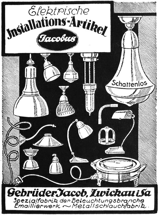 Jacobus Anzeige für elektrische Installations-Artikel.
Erscheinungstermin 1927.