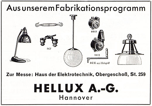 Hellux Anzeige Fabrikationsprogramm 1934