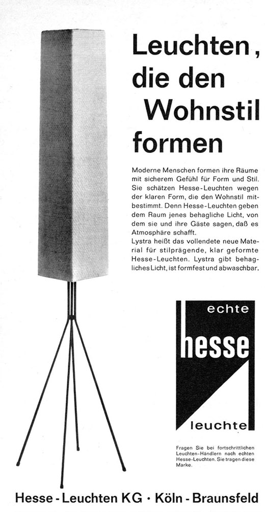 Hesse Leuchten Anzeige mit Modell aus dem Material &bdquo;Lystra&ldquo;Erscheinungstermin 1961
