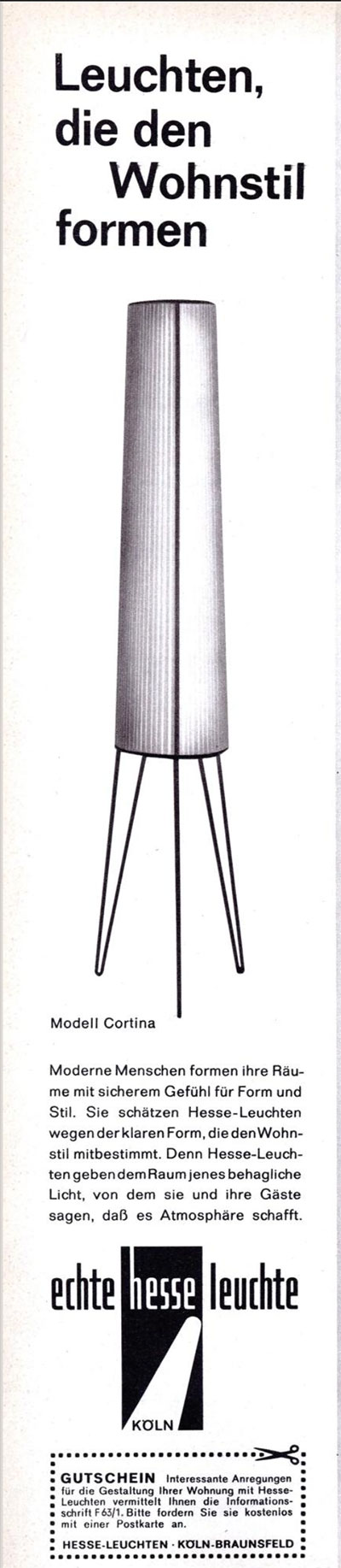 Hesse Leuchten Anzeige mit Modell CORTINA von 1963