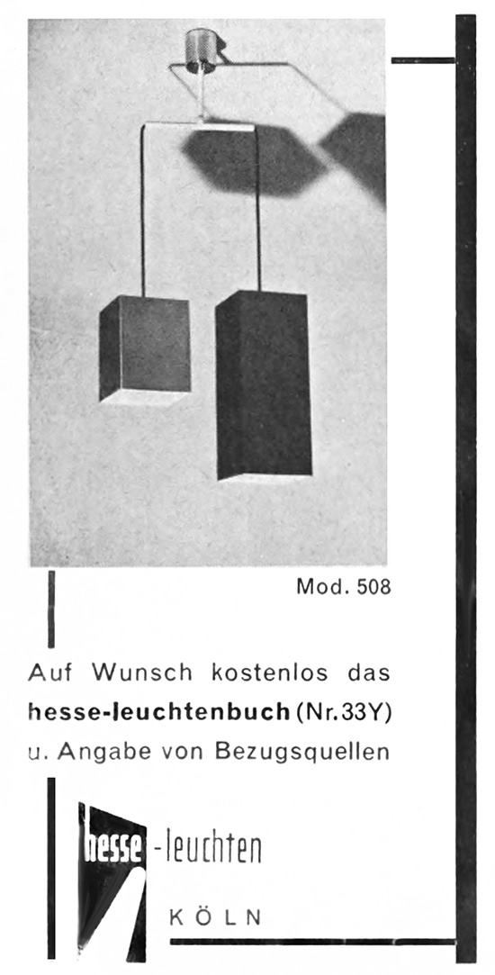 Hesse Leuchten Anzeige mit Modell &bdquo;A508&ldquo;.
Erscheinungstermin 1957.