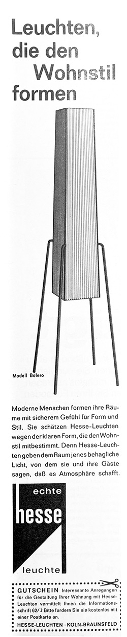 Hesse Leuchten Anzeige mit Modell &bdquo;BOLERO&ldquo; von 1963
