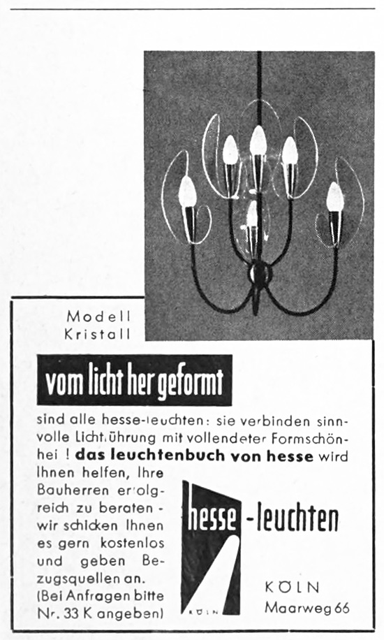 Hesse Leuchten Anzeige mit Modell &bdquo;KRISTALL&ldquo;.
Erscheinungstermin 1963.