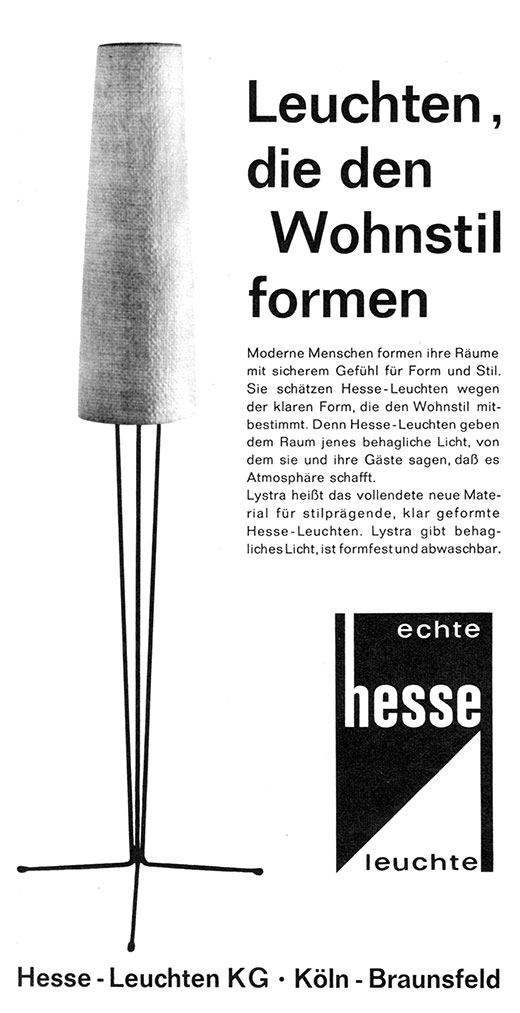 Hesse Leuchten Anzeige mit Modell aus dem Material &bdquo;Lystra&ldquo;
Erscheinungstermin 1961