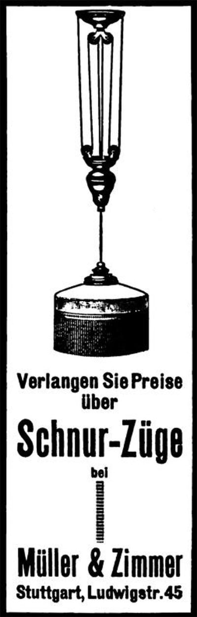 Müller & Zimmer Anzeige für Schnur-Pendel
Erscheinungstermin 1913. 