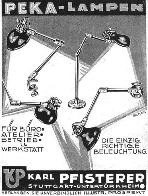 Karl Pfisterer Anzeige für PEKA Lampen „...für Büro, Atelier, Betrieb und Werkstatt...“.
Erscheinungstermin 1929.