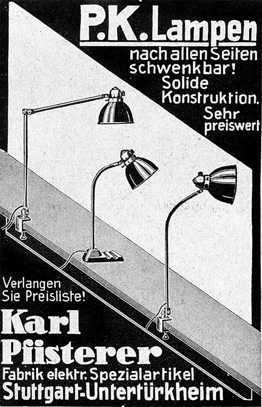 Karl Pfisterer Anzeige für PK Lampen „..nach allen Seiten schwenkbar...“.
Erscheinungstermin 1935.
