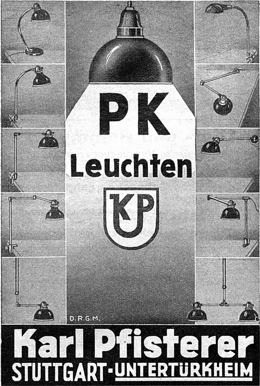Karl Pfisterer Anzeige für PK Leuchten.
Erscheinungstermin 1938.