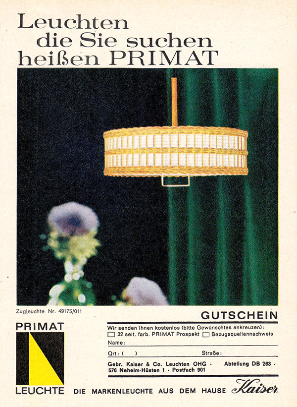 Primat Anzeige mit Kaiser Zugleuchte Nr. 49175-011
Erscheinungstermin 1963.