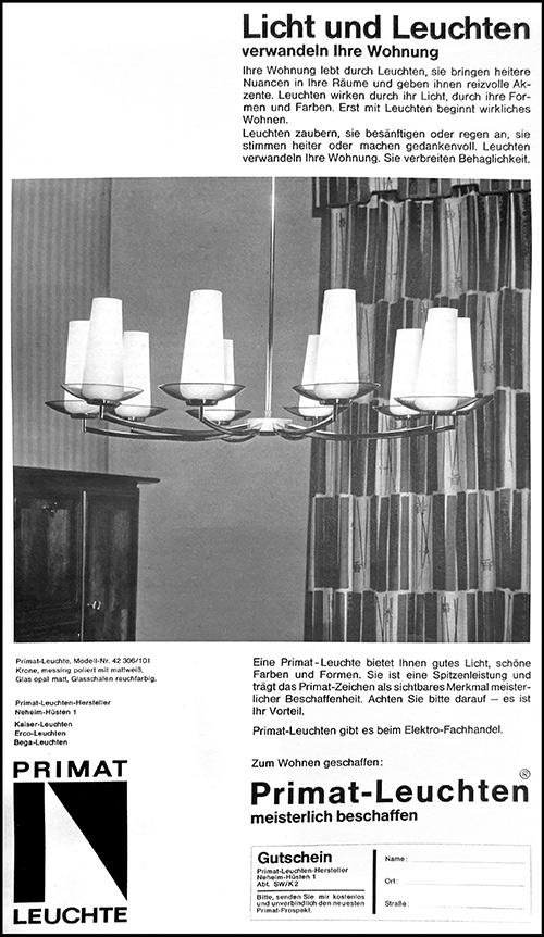 Primat Anzeige mit Pendelleuchte/Krone Nr. 42306-101
Erscheinungstermin 1965.