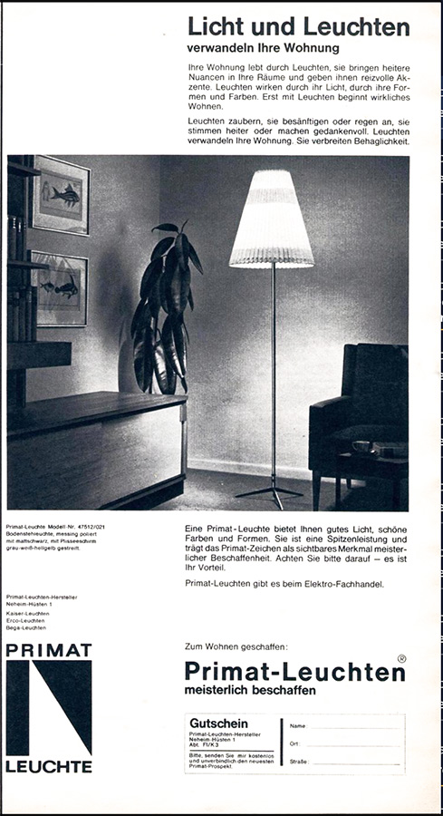 Primat Anzeige mit Stehleuchte Nr. 47512-021
Erscheinungstermin 1965.