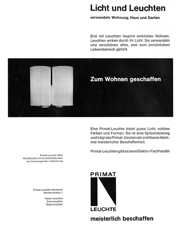 Primat Anzeige mit Wandleuchte Nr. 6302
Erscheinungstermin 1962.