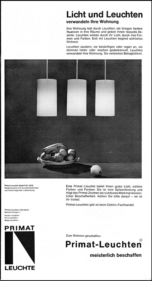 Primat Anzeige mit Pendelleuchte Nr. 6538
Erscheinungstermin 1962.