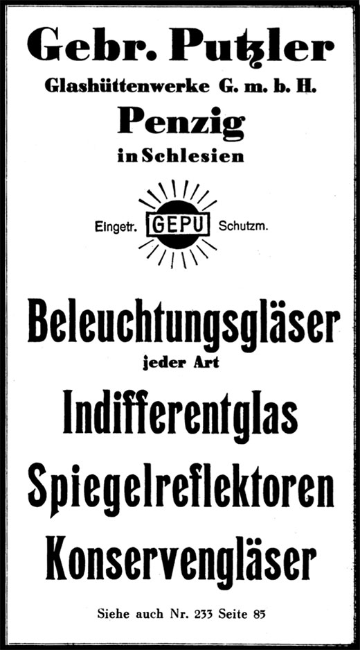 Gebr. Putzler Anzeige für Beleuchtungsgläser.
Erscheinungstermin 1930. 