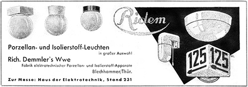 RIDEM - Rich. Demmler&rsquo;s Wwe. Anzeige f&uuml;r Porzellan- und Isolierstoff-Leuchten aus dem Jahr 1938.
