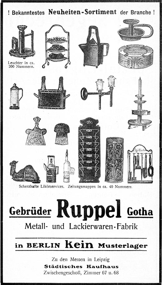 Gebrüder Ruppel Anzeige Neuheiten Sortiment.
Erscheinungstermin 1907.