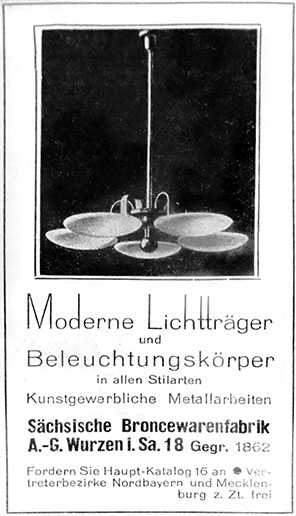SBF Anzeige mit „Moderne Lichtträger und Beleuchtungskörper in allen Stilarten“
Erscheinungstermin 1933.